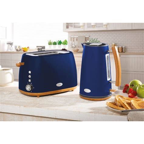 dark blue kettle and toaster.